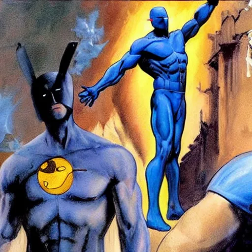 Image similar to painting by Frank Frazetta of Christian Bale!!!! as Dr. Manhattan in Watchmen