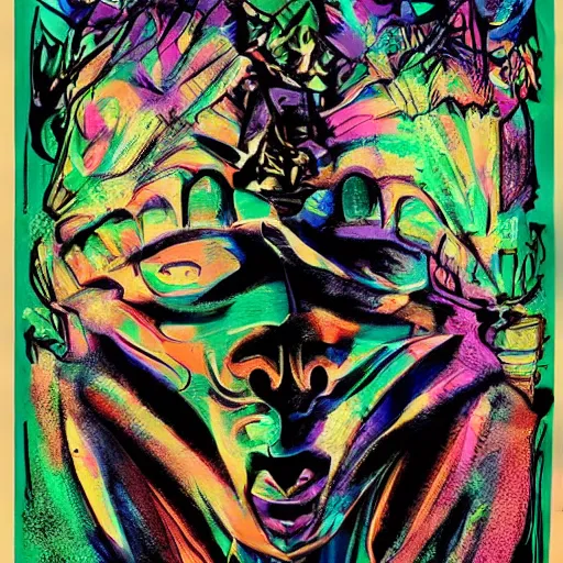 Image similar to MF DOOM mask, psychedelic colors