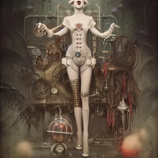 Image similar to by tom bagshaw, ultra realist soft painting of sci fi carnival of curiosities, single steampunk mutated as a dollpunk clown in a full body gothic robe, partial symmetry accurate features, very intricate details, focus, curvy, award winning, ultra dense fog