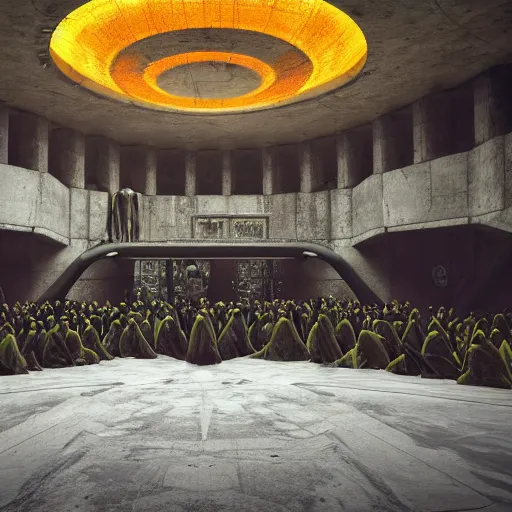 Image similar to photo, weta digital, inside the grand hall of a stunning giant huge brutalist cement palace, a giant floating screaming face made out of swirling colorful glowing particles, a huge crowd of people in black cult robes kneeling down, octane render, featured on cgsociety, volumetric lighting and shadows, fog, moody, atmospheric, 8 k