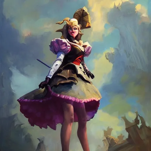 Image similar to greg manchess portrait painting of partially armored alice from alice in wonderland as overwatch character, medium shot, asymmetrical, profile picture, organic painting, sunny day, matte painting, bold shapes, hard edges, street art, trending on artstation, by huang guangjian, gil elvgren, ruan jia, randy vargas, greg rutkowski