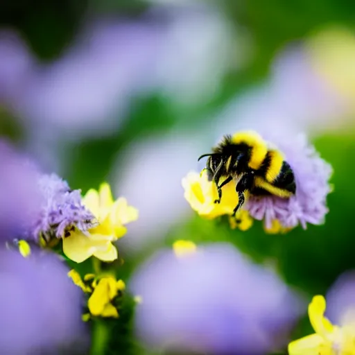 Prompt: a bumble bee made out of flowers sits on a finger, 5 0 mm lens, f 1. 4, sharp focus, ethereal, emotionally evoking, head in focus, volumetric lighting, blur dreamy outdoor,