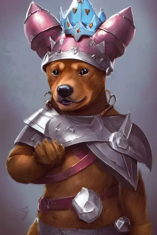 Image similar to cute anthropomorphic fat Pinscher knight wearing a cape and a crown, tiny, small, miniature bear, baby animal, short, pale blue armor, cute and adorable, pretty, beautiful, DnD character art portrait, matte fantasy painting, DeviantArt Artstation, by Jason Felix by Steve Argyle by Tyler Jacobson by Peter Mohrbacher, cinematic lighting