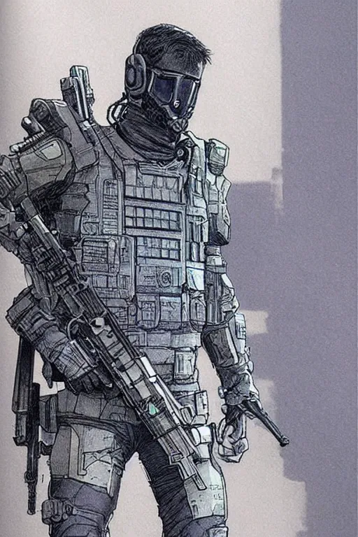 Image similar to ghost. Buff blackops mercenary in near future tactical gear and cyberpunk headset. Blade Runner 2049. concept art by James Gurney and Mœbius.