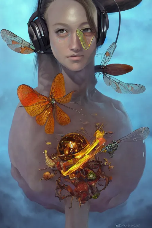 Image similar to surreal gouache painting, by yoshitaka amano, by ruan jia, by Conrad roset, by good smile company, detailed anime 3d render of big transparent amber stone with a magical eletric dragonfly inside. dragonfly inside an amber stone, amber stone on the Dj mixer portrait, cgsociety, artstation, rococo mechanical and Digital and electronic, dieselpunk atmosphere