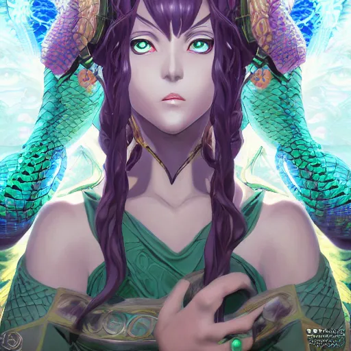 Image similar to portrait of medousiana the earth goddess of snakes, anime fantasy illustration by tomoyuki yamasaki, kyoto studio, madhouse, ufotable, square enix, cinematic lighting, trending on artstation