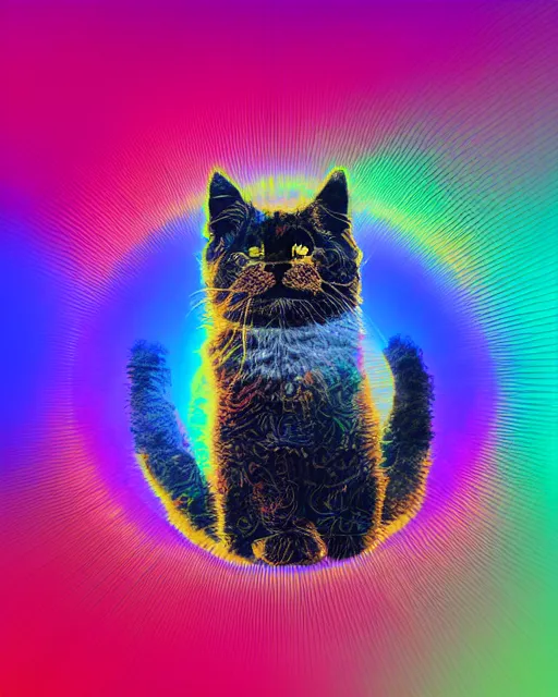 Image similar to highly detailed high resolution stacked plot of radio emissions from a pulsar, abstracted light refractions and stripy interference, making up a fluffy cat, silk screen t-shirt design in the style of FELIPE PANTONE 4K