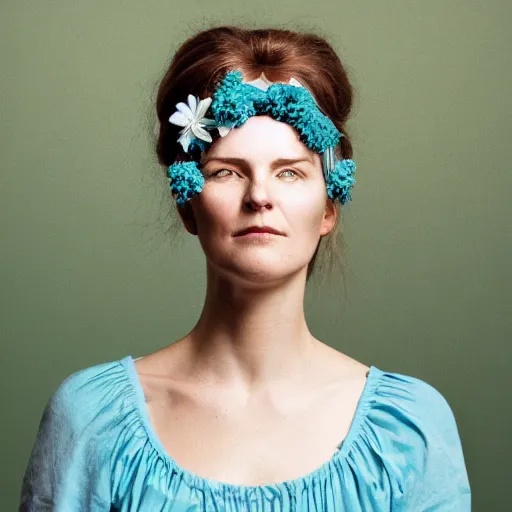 Prompt: a portrait of beautiful nordic woman wearing a white folkdrakt dress, summer flowers headband on her head, against a teal blue background