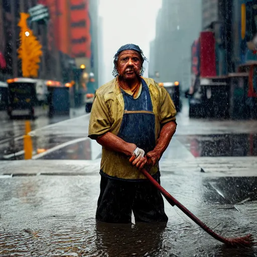 Image similar to closeup portrait of a cleaner with a mop fighting puddles in rainy new york street, by Steve McCurry and David Lazar, natural light, detailed face, CANON Eos C300, ƒ1.8, 35mm, 8K, medium-format print