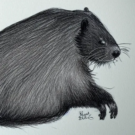 Image similar to a beaver in profile, big tail, fluffy fur drawn concept art