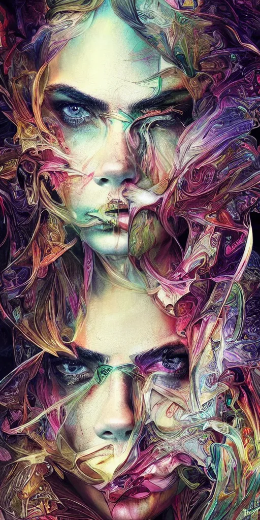 Image similar to an absolutely gorgeous portrait of Cara Delevigne by Android Jones, wings, fractals, Gorgeous colors, face symmetry, insane detail, gorgeous colors, strong composition, awe inspiring lighting, psychedelic, volumetric light, symmetry, subsurface scattering