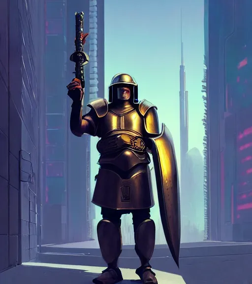 Prompt: a tall and fat cyberpunk paladin in rounded heavy plate armor wearing a crusaders helmet he is holding a large long sword in a cyberpunk setting, 1 9 7 9 omni magazine cover, style by vincent di fate, artgerm, cyberpunk 2 0 7 7, very coherent, detailed, 4 k resolution, unreal engine, daz