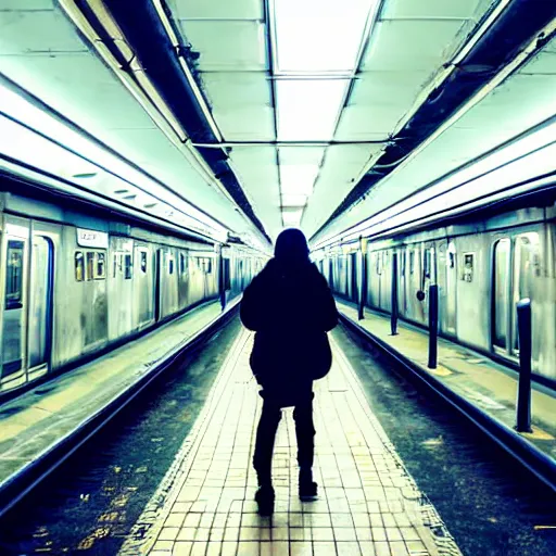 Prompt: a cyberpunk walking on a modern subway platform with a heavenly glow and chandeliers