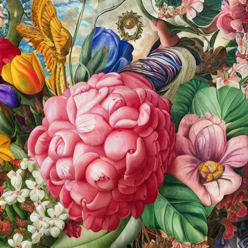 Prompt: photorealistic beautiful hands holding only one big elaborate maximalist flower. mixed media 3d and oil painting in the style of Michelangelo, Banksy and Gauguin, with flemish baroque details. made of hyperdetailed vivid fabric textures. wide wide wide view HD 8x matte background