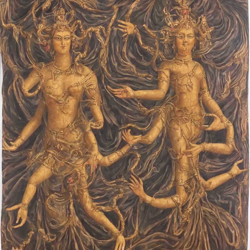 Image similar to young woman deity with multiple arms, highly detailed, oil painting