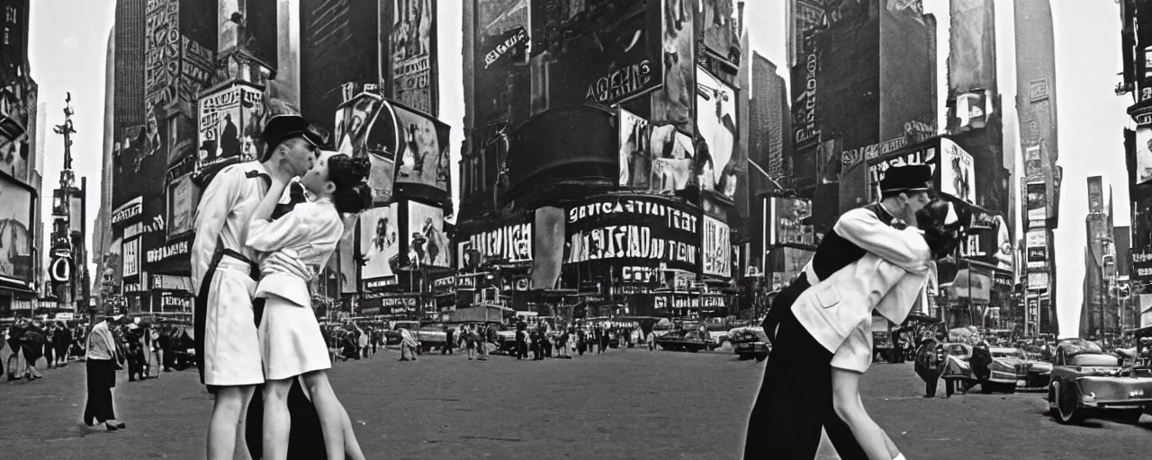 Image similar to alfred eisenstaedt's photograph of an american sailor kissing a woman in times square, spaghetti advertisement in background 1 9 4 5, canon 5 0 mm, kodachrome, retro