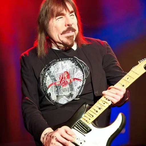 Image similar to dr brian cox thrashing his electric guitar on stage