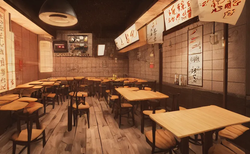 Image similar to a small cozy ramen restaurant at night, trending on cgsociety, unreal engine, 4 k wallpaper