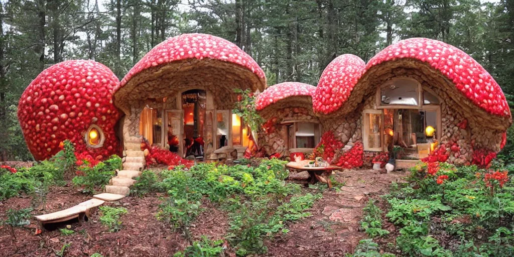 Prompt: cozy residence made from an enormous amantia muscaria toadstool