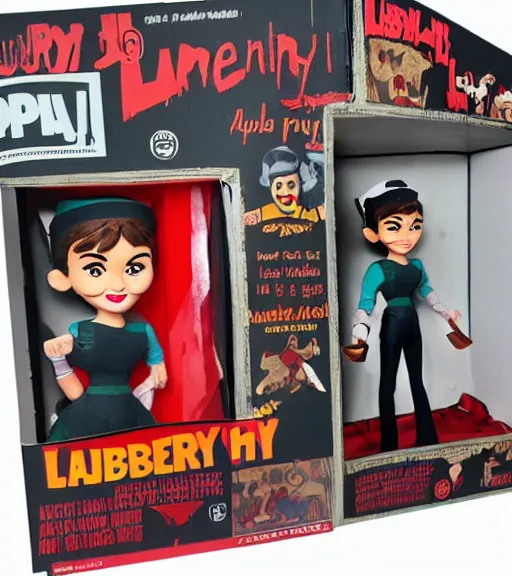 Image similar to audrey hepburn cos play lumberjack, stop motion vinyl action figure, plastic, toy, butcher billy style