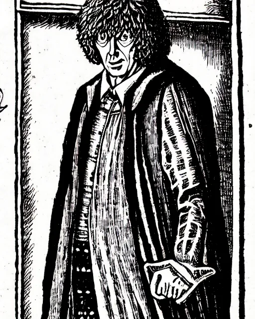 Prompt: b & w woodcut of tom baker's doctor who from the nuremberg chronicle, 1 4 9 3, restored, hq scan