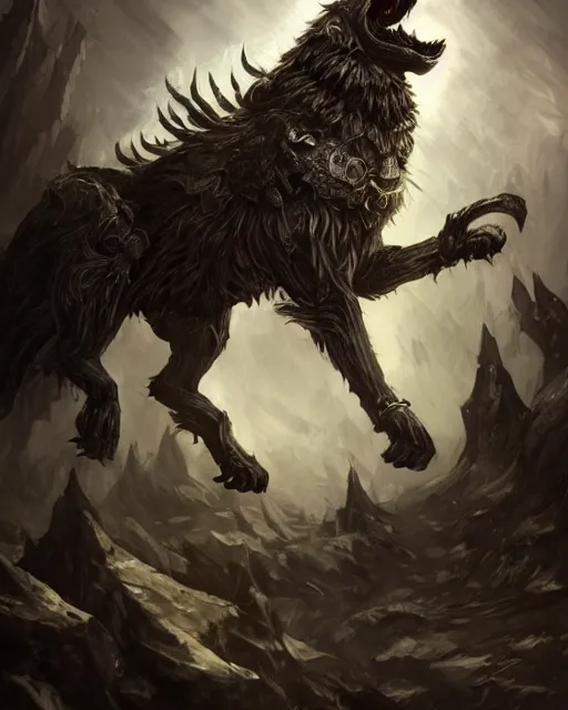 Prompt: Wolf, Anthropomorphized, as warlord general on skull throne, dark fur, evil, glowing eyes, magic the gathering artwork, D&D, fantasy, cinematic lighting, centered, symmetrical, highly detailed, digital painting, artstation, concept art, smooth, sharp focus, illustration, volumetric lighting, epic Composition, 8k, art by Akihiko Yoshida and Greg Rutkowski and Craig Mullins, heroic pose, oil painting, cgsociety, Battlefield background, explosions, arrows