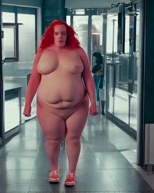 Prompt: film still of obese 3 0 0 - pound caity lotz at mcdonald's, vibrant high contrast, octane, arney freytag, cinematic, portrait, backlit, rim lighting, 8 k