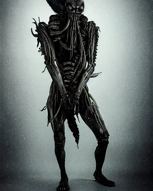 Image similar to xenomorph - human ghost - spirit of the grim - warpaint wears the scarlet skull armor and native blood headdress feathers, midnight fog - mist!, dark oil painting colors, realism, cinematic lighting, various refining methods, micro macro autofocus, ultra definition, award winning photo, photograph by ghostwave - gammell - giger - shadowlord