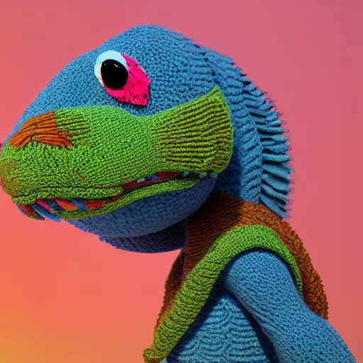 Image similar to super cute sad dinosaur made out of sweaters and yarn octane rendering vivid cinematic lighting 4k