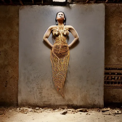 Image similar to A perfect Mayan female goddess stands for a waist up portrait with her body sightly wrapped in thin gold wire creatively arranged so as to look like Mayan Hieroglyphic tattoos, in an abandoned barn, hyper photo realistic 8K HD HDRI, photo by Annie Leibovitz.