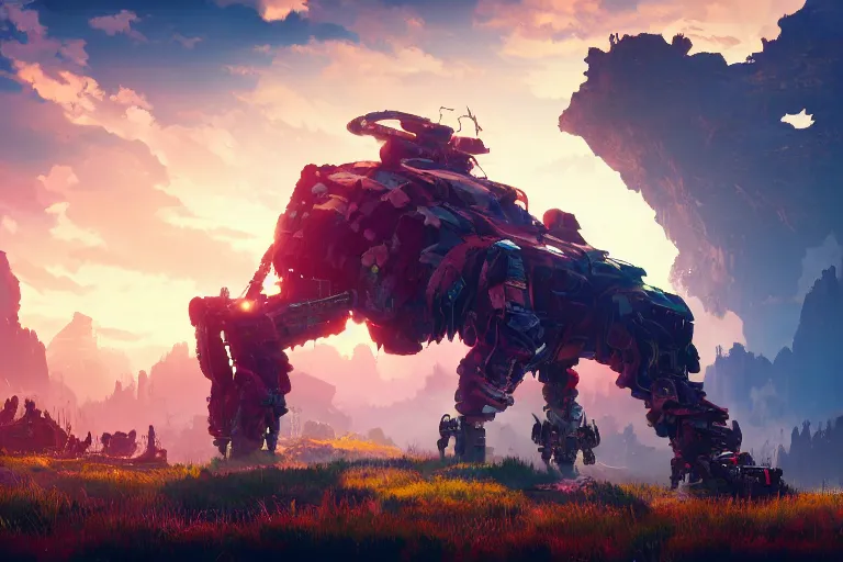 Image similar to behemoth machine mecanical creature robot of horizon forbidden west horizon zero dawn radiating a glowing aura global illumination ray tracing hdr fanart arstation by ian pesty and alena aenami artworks in 4 k