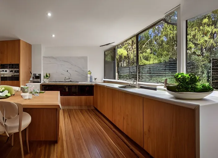 Prompt: luxurious cannabis kitchen in australian suburban everyday life, charming and tranquil