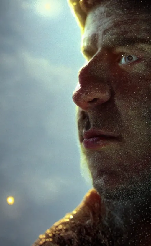 Prompt: extremely detailed cinematic movie still 3 0 7 7 portrait shot of a god of fire 2 5 years old white man hyperreal skin face at the mountain top by denis villeneuve, wayne barlowe, simon birch, marc simonetti, philippe druillet, beeple, bright volumetric sunlight from remote star, rich moody colors, closeup, bokeh