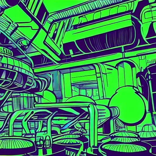 Prompt: a scifi illustration, factory interior dark with neon green vats of fluid. seen from above, parallax bloom effect, heavy linework line brush, graphic novel style