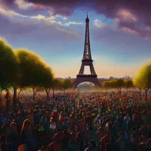 Image similar to a dream of several people running in a field and the eiffel tower in the background in a place that at the same time is illuminated by the sun causes a feeling of strangeness, oil painting, ultradetailed, artstation