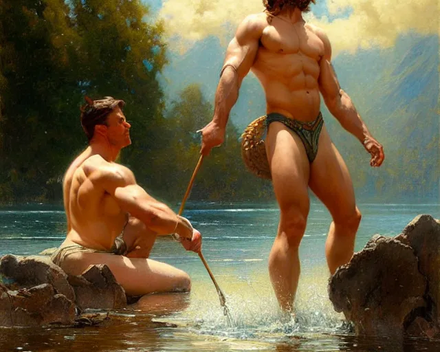 Prompt: muscular magician man, casting water magic, making waves rise from a beautiful lake. highly detailed painting by gaston bussiere, craig mullins, j. c. leyendecker 8 k