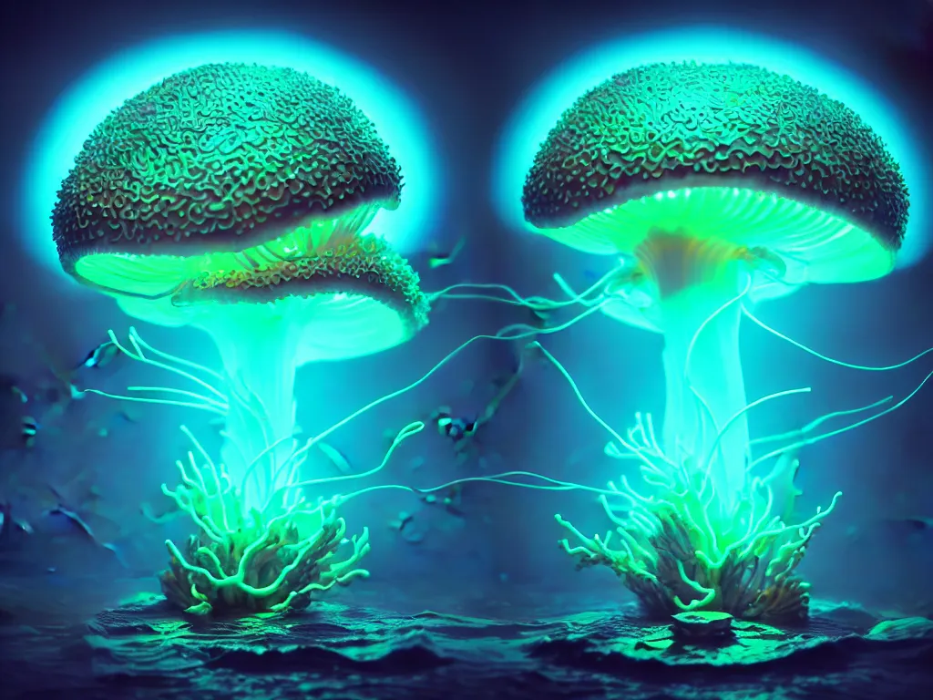 Prompt: sea mushroom god, futuristic, neon lighting, underwater, glowing, sci - fi, hyperrealistic, photorealistic, bioluminescent, transcendent, vibrant color, clean linework, finely detailed, 4 k, trending on artstation, photorealistic, volumetric lighting, octane render