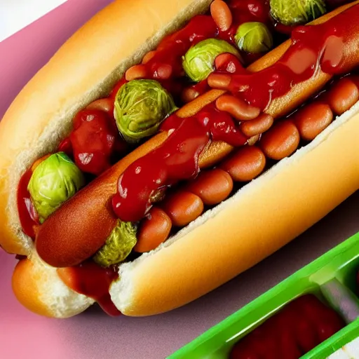 Image similar to promotional photo of a delicious hot dog, with baked beans, mustard, ketchup, brussel sprouts, cereal on top, detailed, uhd, 8k,