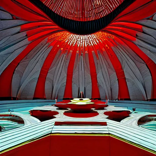 Image similar to interior of a futuristic lotus temple space station with gold, red and white marble panels, by buckminster fuller and syd mead, intricate contemporary architecture, photo journalism, photography, cinematic, national geographic photoshoot