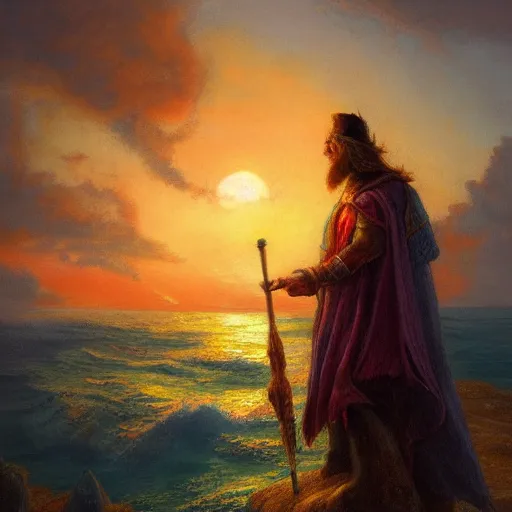 Prompt: A wizard in colorful robes looks out to sea at sunset, in the style of Justin Gerard,