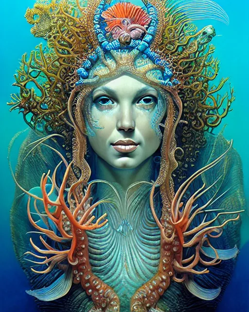 Prompt: realistic detailed underwater portrait of the goddess of the fish of the three times with an intricate headdress of corals, sea kelp, sea plants, fish, jellyfish, art by boris vallejo, ernst haeckel, zdzisław beksinski, gothic, neo - gothic, ornamental,