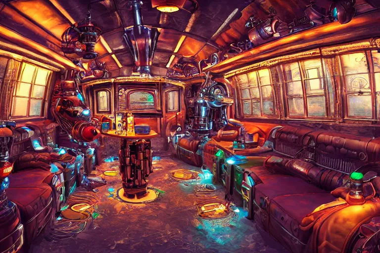 Prompt: 3 steampunk robot having a party inside a luxury nightliner tourbus, a table with many bottles of beer and wiskey, exaggerated detailed, unreal engine, subtle multicolored light, 3 5 mm lens