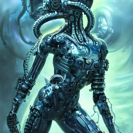 Prompt: medusa as a cybernetic being by raymond swanland, highly detailed, bright tones