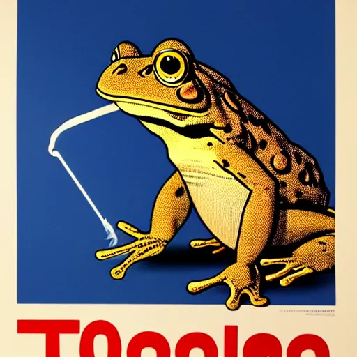 Prompt: A 1980s informational poster from a convention center displaying a cool toad smoking a cigarette. highly detailed, sharp focus, HQ, post grunge, subtle colors.