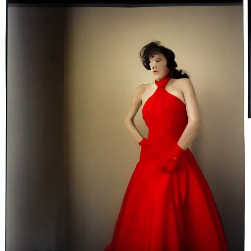 Image similar to photo of a woman in a red dress by arnold newman. professional photography.