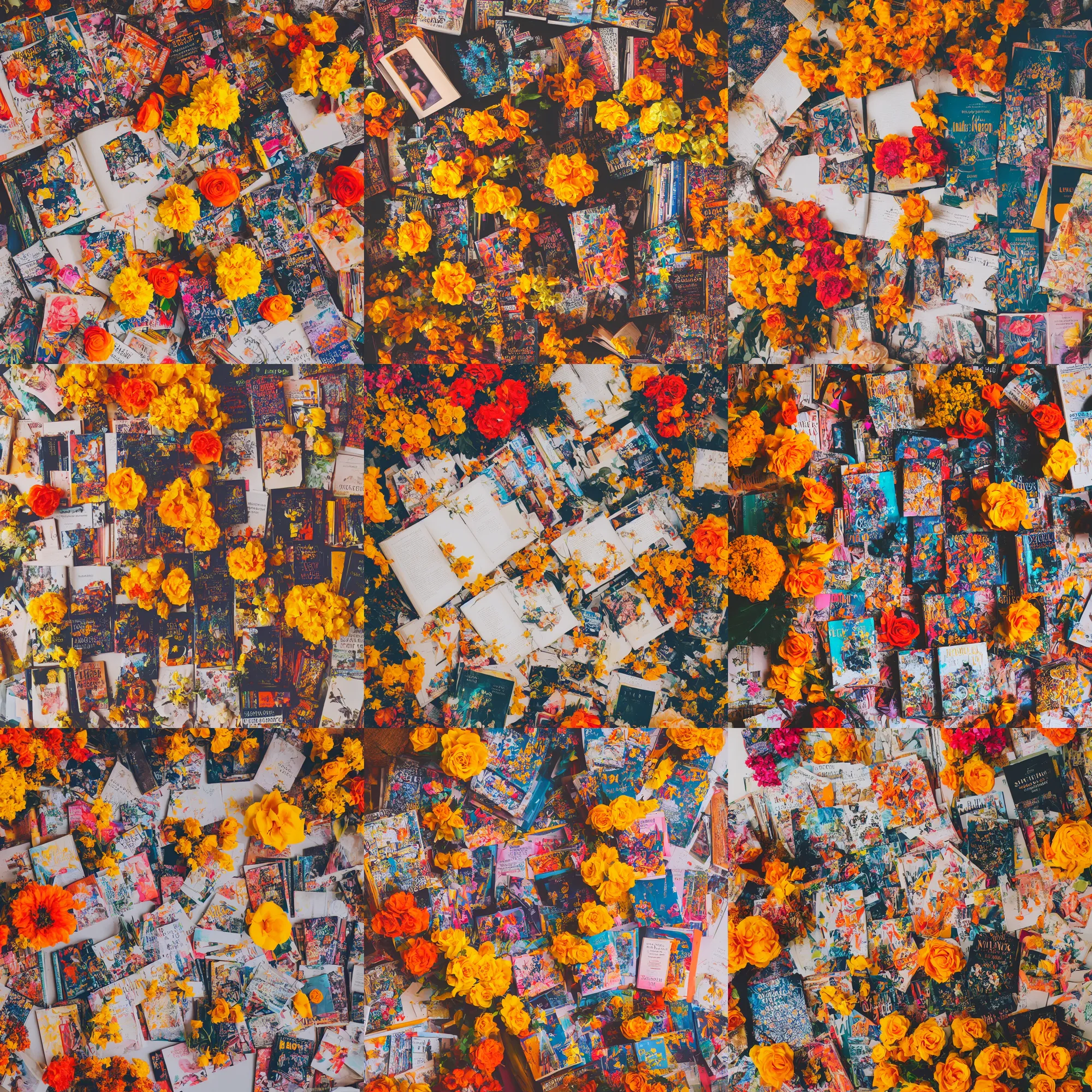 Prompt: flatlay book collection, vivid colors, dramatic lighting, maximalist, orange and yellow flowers