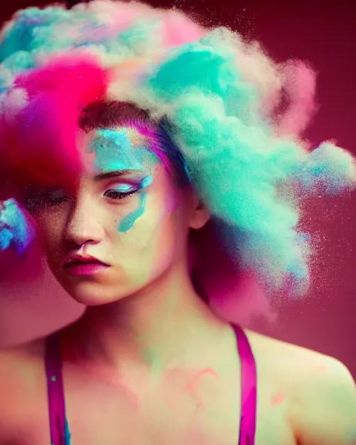 Image similar to a dramatic lighting photo of a beautiful young woman with cotton candy hair. paint splashes. with a little bit of cyan and pink