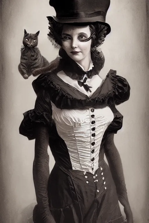 Image similar to wet plate photograph portrait of an anthropomorphic cat - woman, dressed in a victorian - era clothing, dramatic lighting, highly detailed, digital painting, artstation, concept art, smooth, sharp focus, illustration, art by wlop, mars ravelo and greg rutkowski