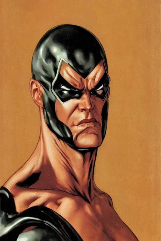 Prompt: close up portrait of strong muscular handsome super villain diabolik, groovy and cool, black zentai and long eyelashes, by j. c. leyendecker, james gurney, gerald brom