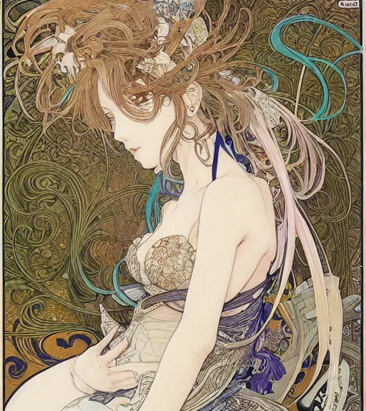 Image similar to yoshitaka amano painting of an anime woman, intricate line drawings, pen and ink, alphonse mucha, claire wendling, kentaro miura